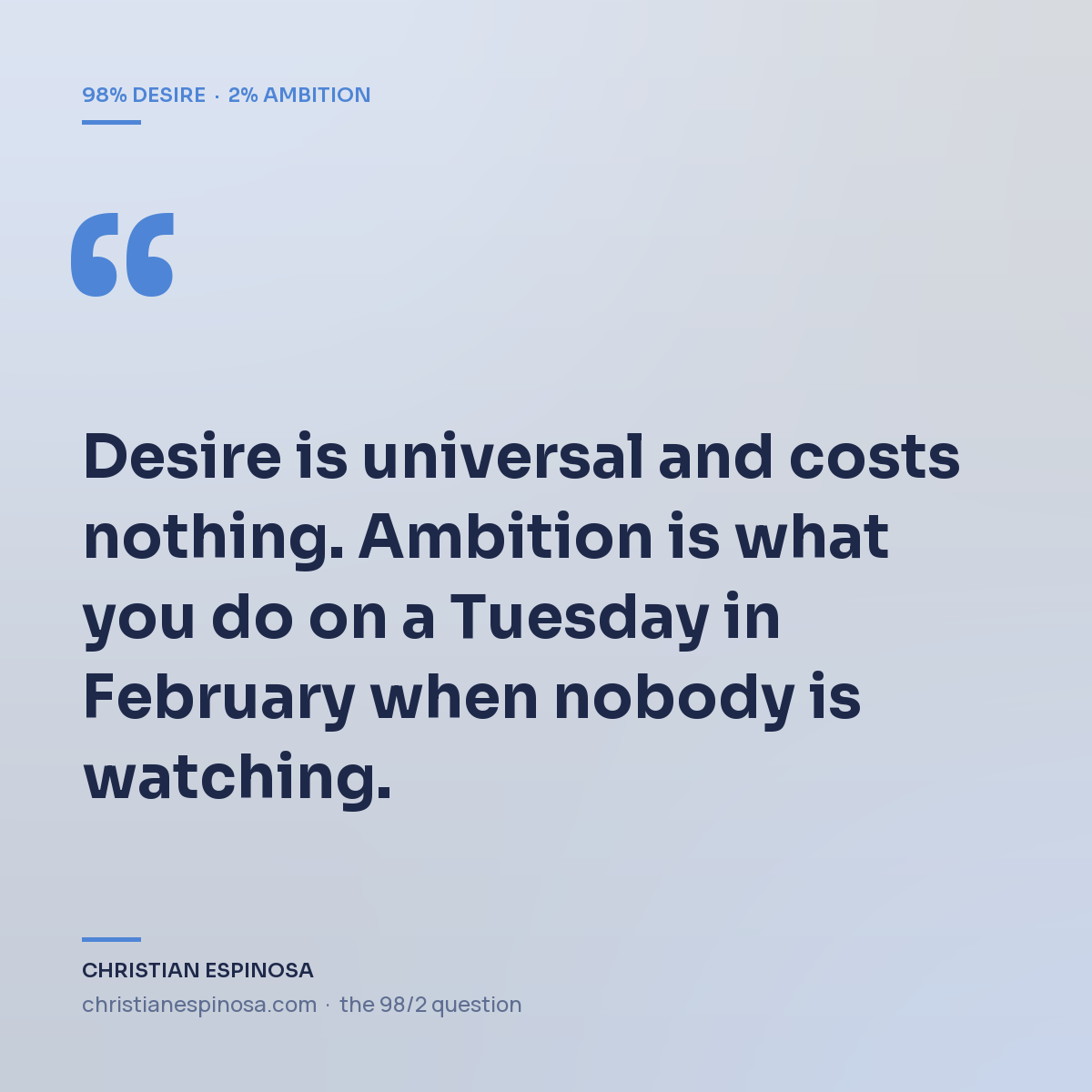 Desire is universal and costs nothing. Ambition is what you do on a Tuesday in February when nobody is watching. Pull quote from the essay.