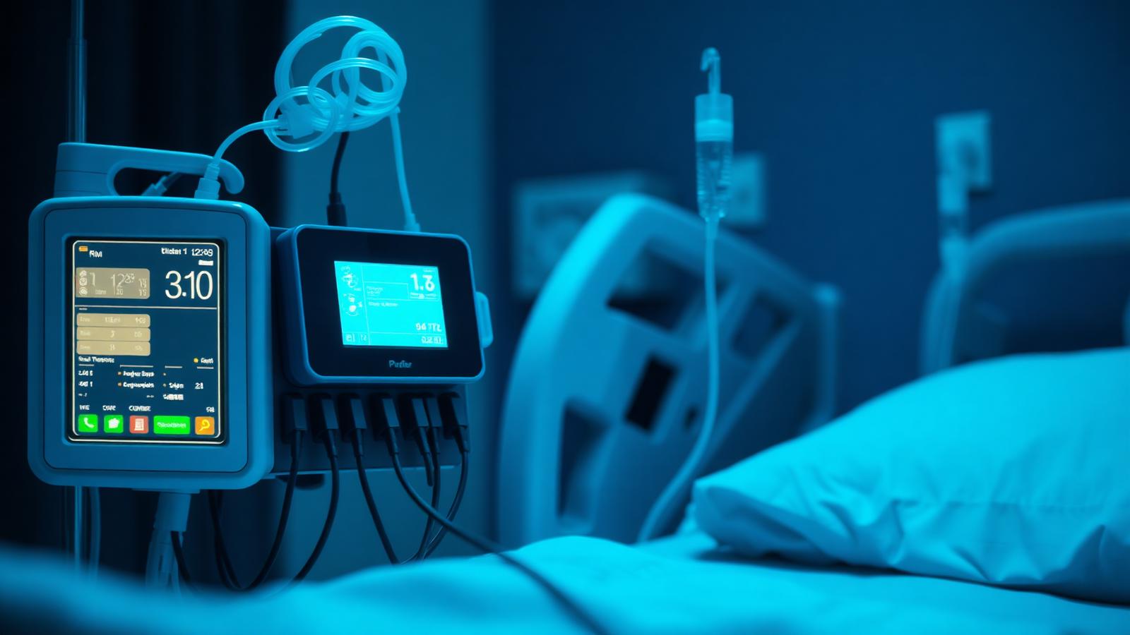 A bedside patient monitor and IV infusion pump glowing in a dim, blue-lit hospital room, illustrating the connected medical devices at risk when hospital networks are compromised.