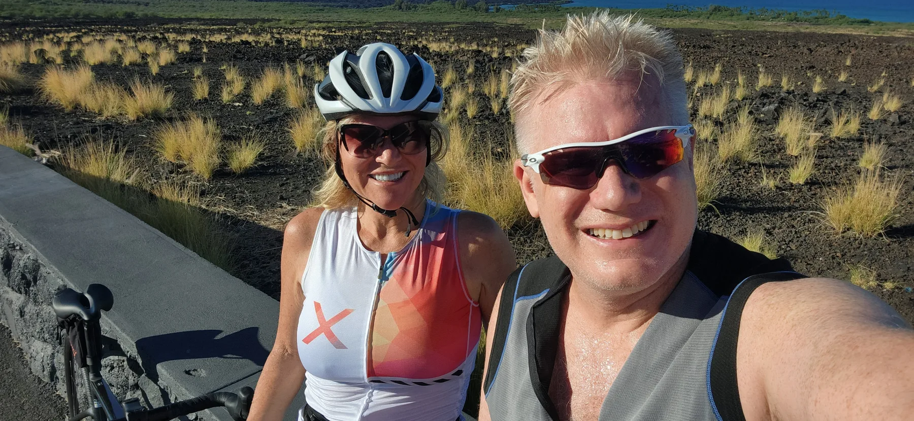 Christian and Melissa on a bike ride through the lava fields of the Big Island, Hawaii