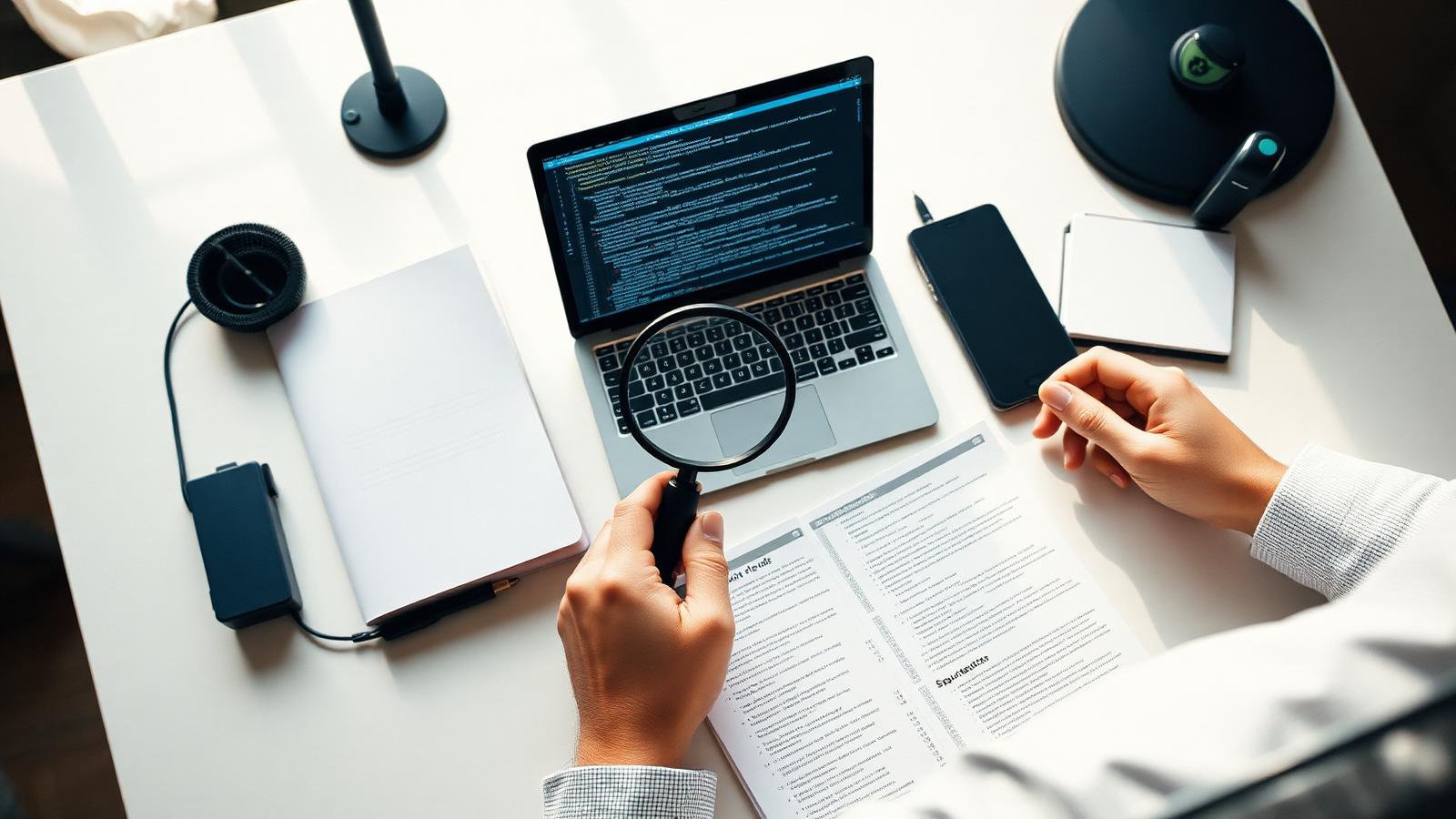 Overhead view of a security tester's desk: hands hold a magnifying glass over a laptop showing source code, next to printed documentation, representing the full-source-code inspection at the heart of white-box penetration testing.