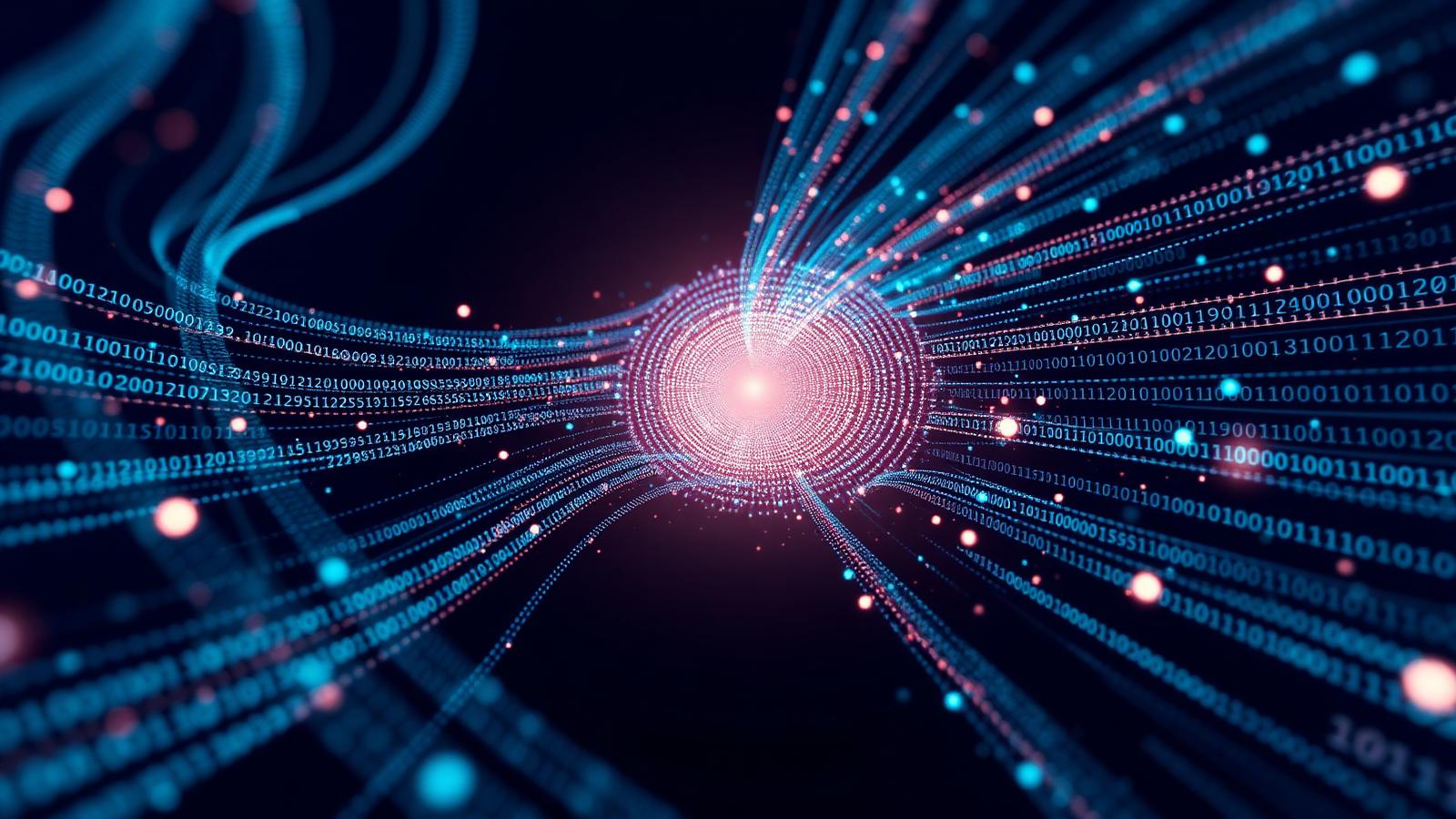 Abstract visualization of two streams of binary digits converging into a single glowing core, representing a hash collision where different inputs produce the same output.