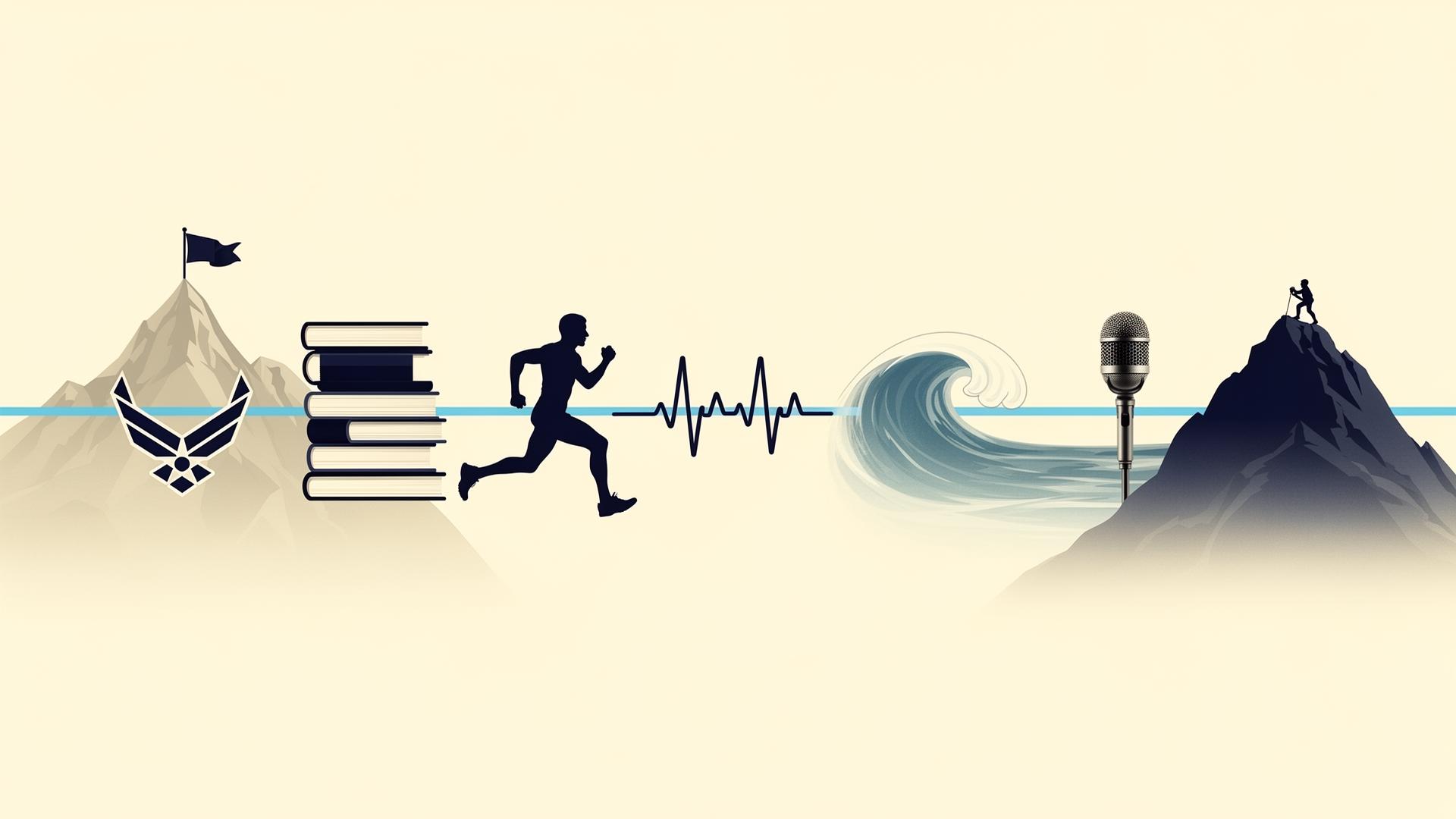 A career arc collage: mountain peaks, Air Force chevron, books, a runner, ECG heartbeat, ocean wave, microphone, and a climber on a summit